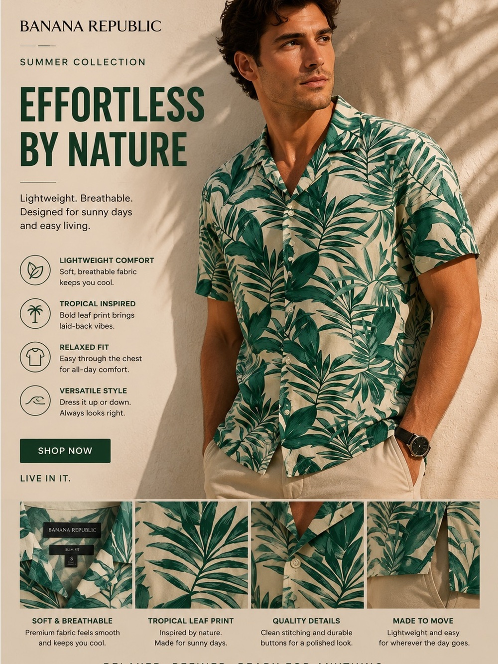Banana Republic Men's Green Tropical Leaf Button-Down Shirt